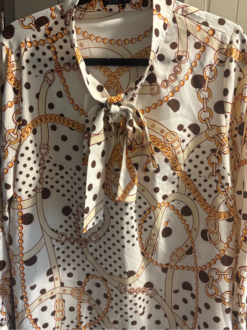 SHEIN Cream and Brown Chain Print Tie-Neck Blouse - fits like a 14